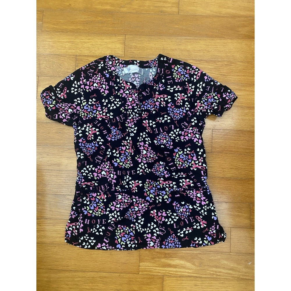 Breast Cancer Pink Ribbon Women's Scrub Top Small Sanibel Scrubs‎  Fits Like XS